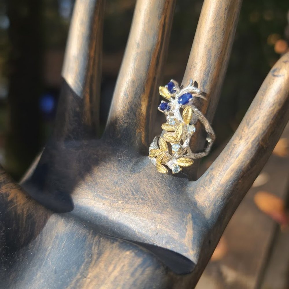 Sapphire & aquamarine sterling & gold finger cuff sz6.5 - Picture 7 of 11